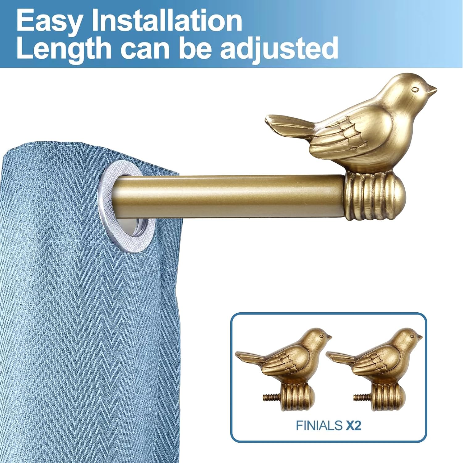 3/4-inch Cute Decorative Bird Adjustable Window Treatment Curtain Single Rod Set, 28" to 48" - Renaissance Gold
