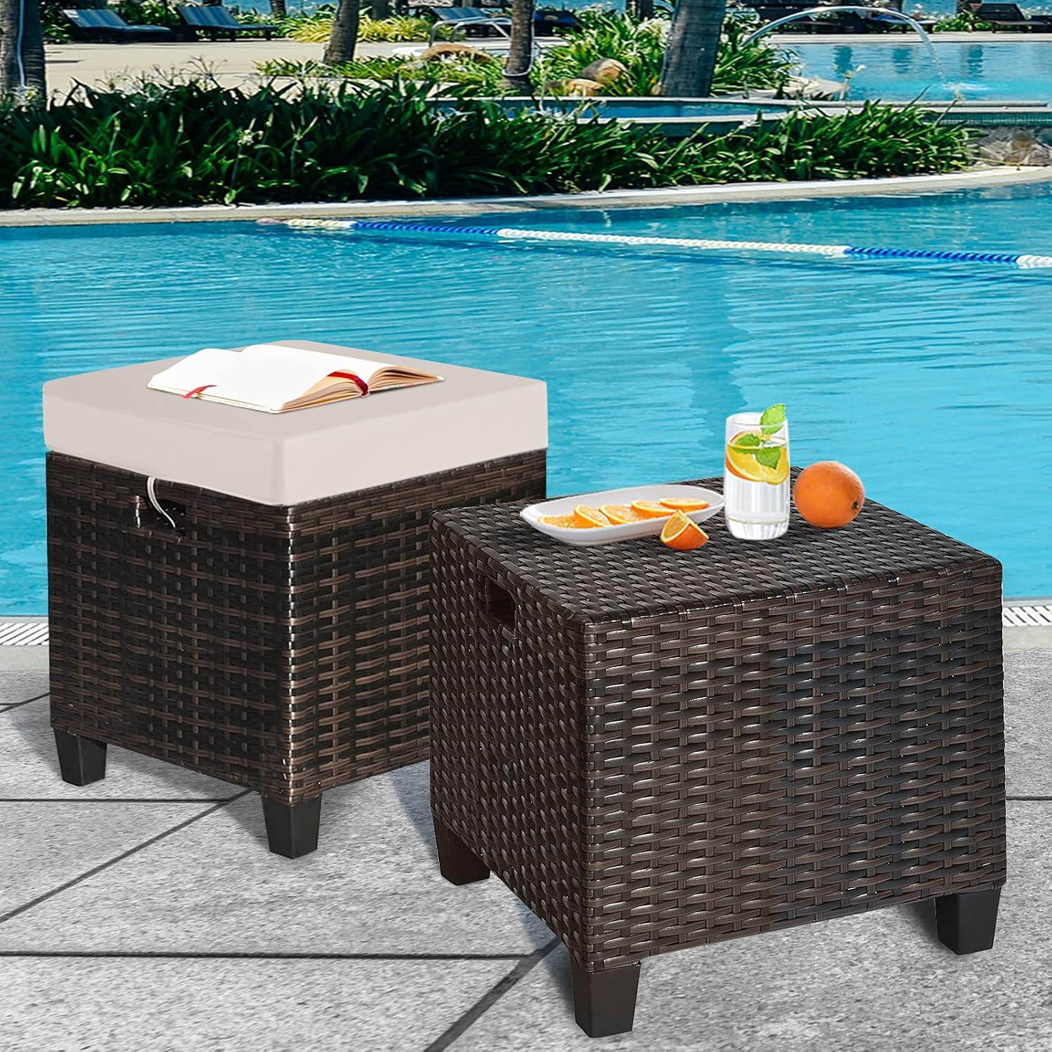 Set of 2 Outdoor Wicker Ottomans, All Weather Rattan Patio Footstool w/Removable Cushions, Patio Rattan Furniture, Extra Footrest Seat for Garden, Patio, Deck, Porch, Poolside (Light Brown)