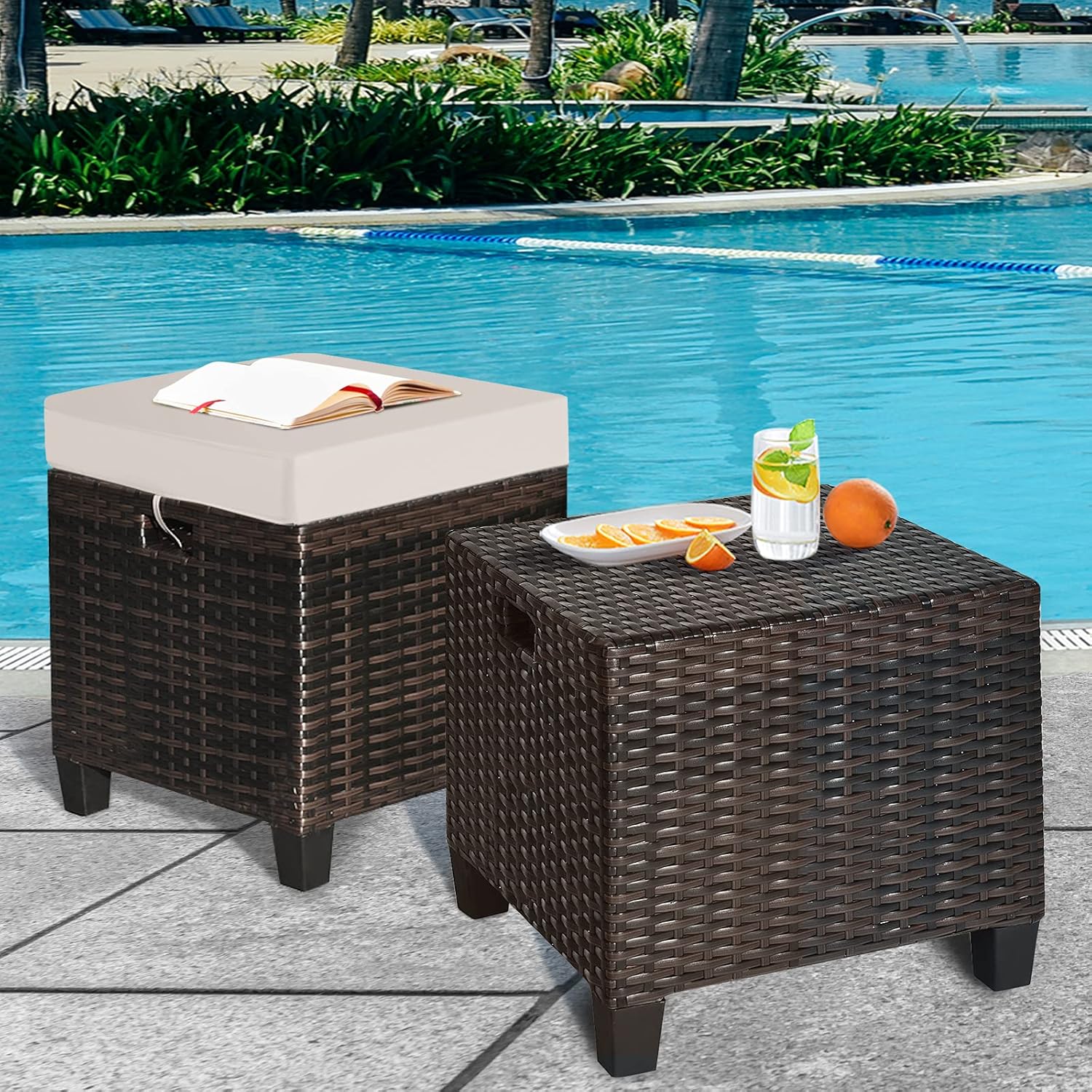 Patio Ottoman Outdoor Rattan Wicker Ottoman Seat, 2 Pieces All Weather Footstool Footrest Seat with Removable Cushions, Outdoor Ottoman Set for Patio, Porch, Poolside (Brown)