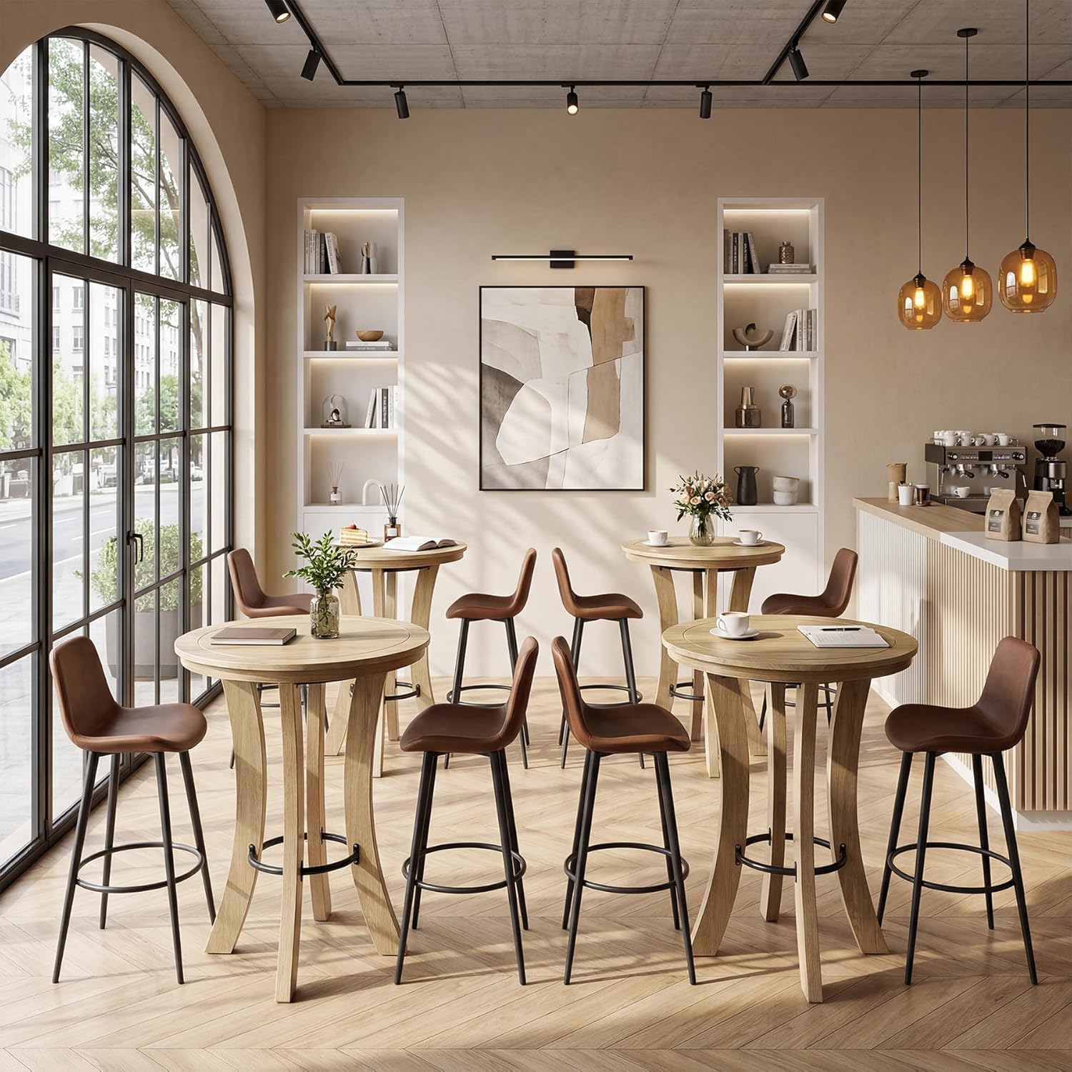 Tribesigns Round Bar Table, 39.4" H Wood Counter Height Pub Bistro Table with Metal Footrest, Modern Tall Kitchen Breakfast Table for Home Bar, Dining Room, Small Space, Light Brown (Table Only)