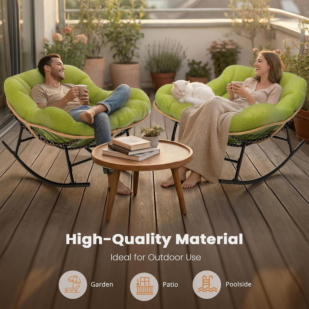 Easyego Oversized Papasan Rocking Chair with Ottoman for Indoor Outdoor Use, Comfortable Wicker Rocker with Cozy Thicken Cushion for Deck, Balcony, Poolside, Lawn, Bedroom, Living Room, Green