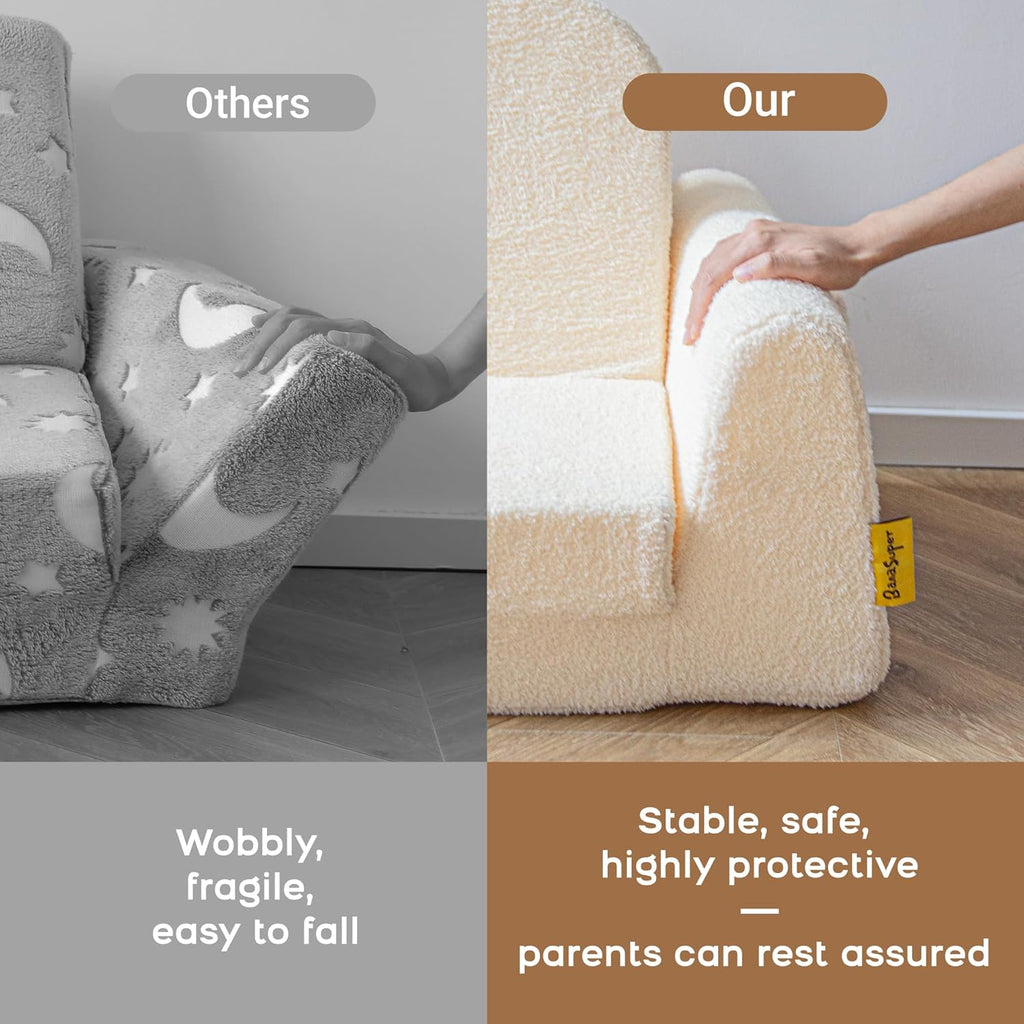 BanaSuper Wide Kids Sofa, Convertible Foam Couch for Children 3-8, Cream | Fold-Out Children Chair, Extra Wide Base for Stability, Sherpa Kids Reading Chair, Comfy Sofa Chair for Children Age 3+