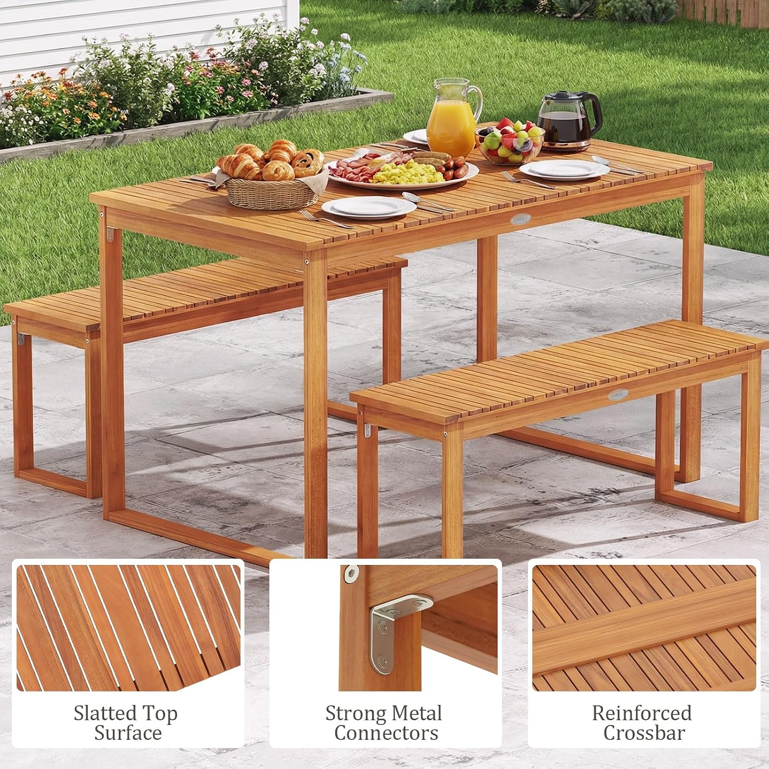Tangkula Acacia Wood Outdoor Bench Backless, 2-Person Wood Patio Bench with Slatted Seat, Outdoor Backless Dining Bench for Backyard, Poolside, Porch (43.5")