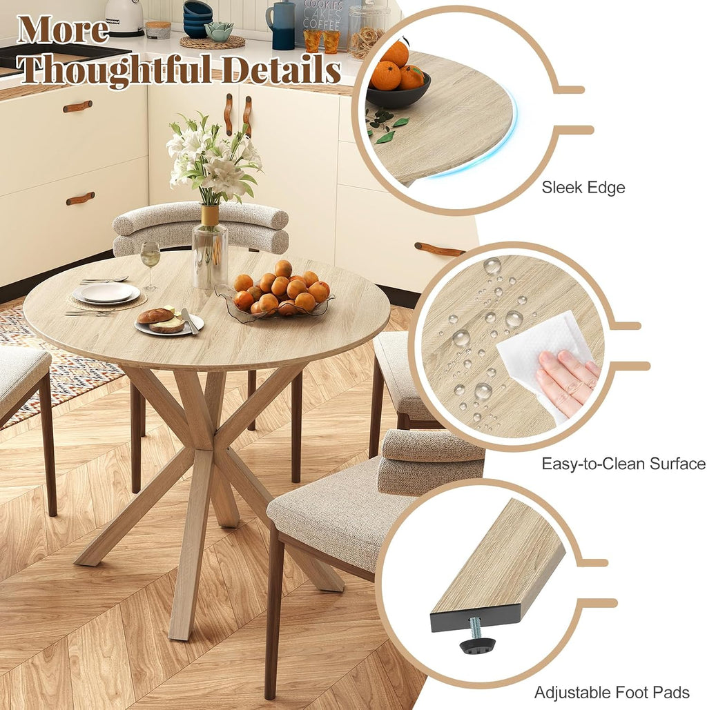 Giantex 36" Round Dining Table for 4, Farmhouse Kitchen Table with Rubber Wood Legs, Adjustable Foot Pads, Dining Room Tables for Dinette, Small Space, Dinner, Living Room, Restaurant, Oak