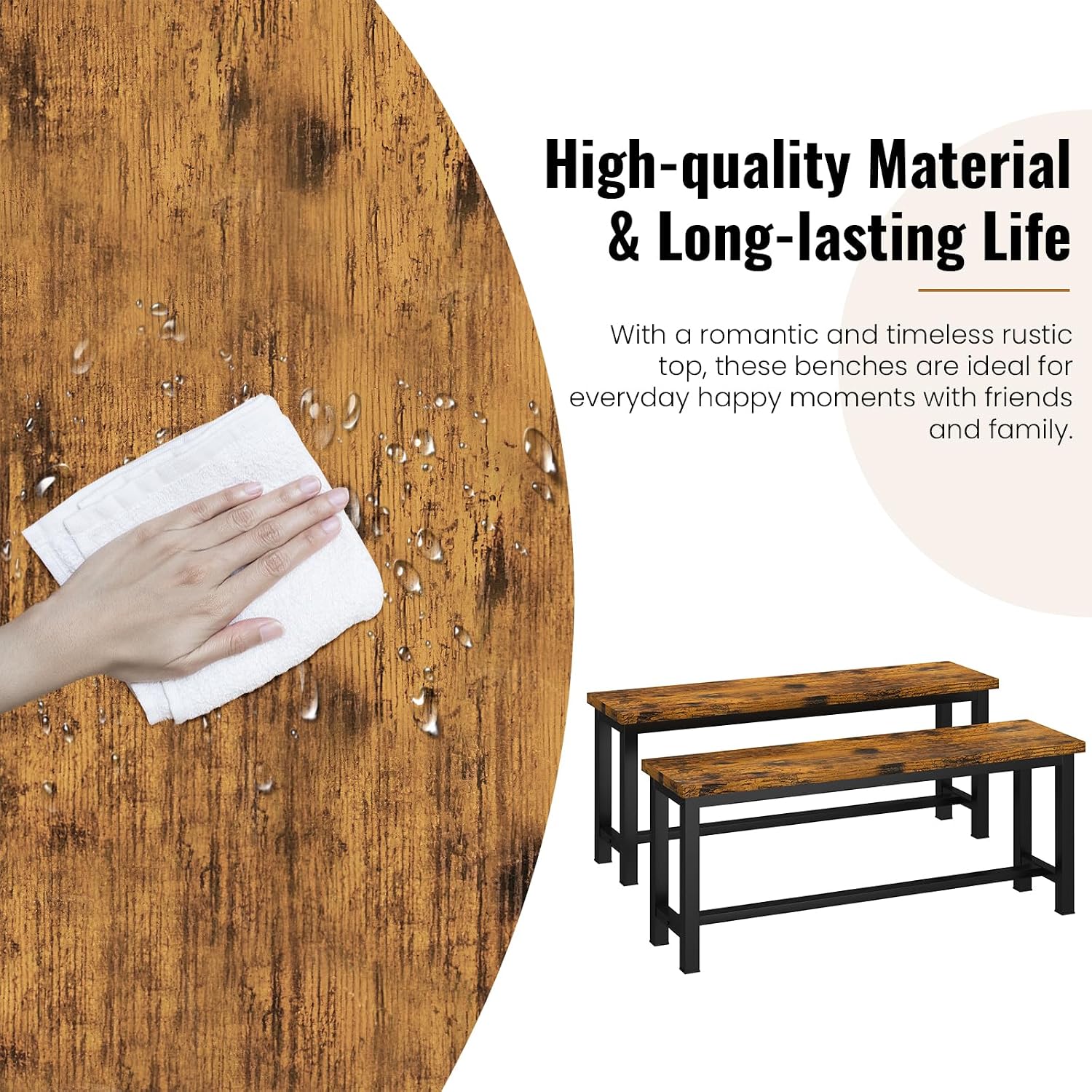 Recaceik Dining Benches - Pair of 2 Industrial Benches for Dining Room, Kitchen, Entryway, Bedroom - 39 Inch, Rustic Brown Metal Legs, Easy to Assemble