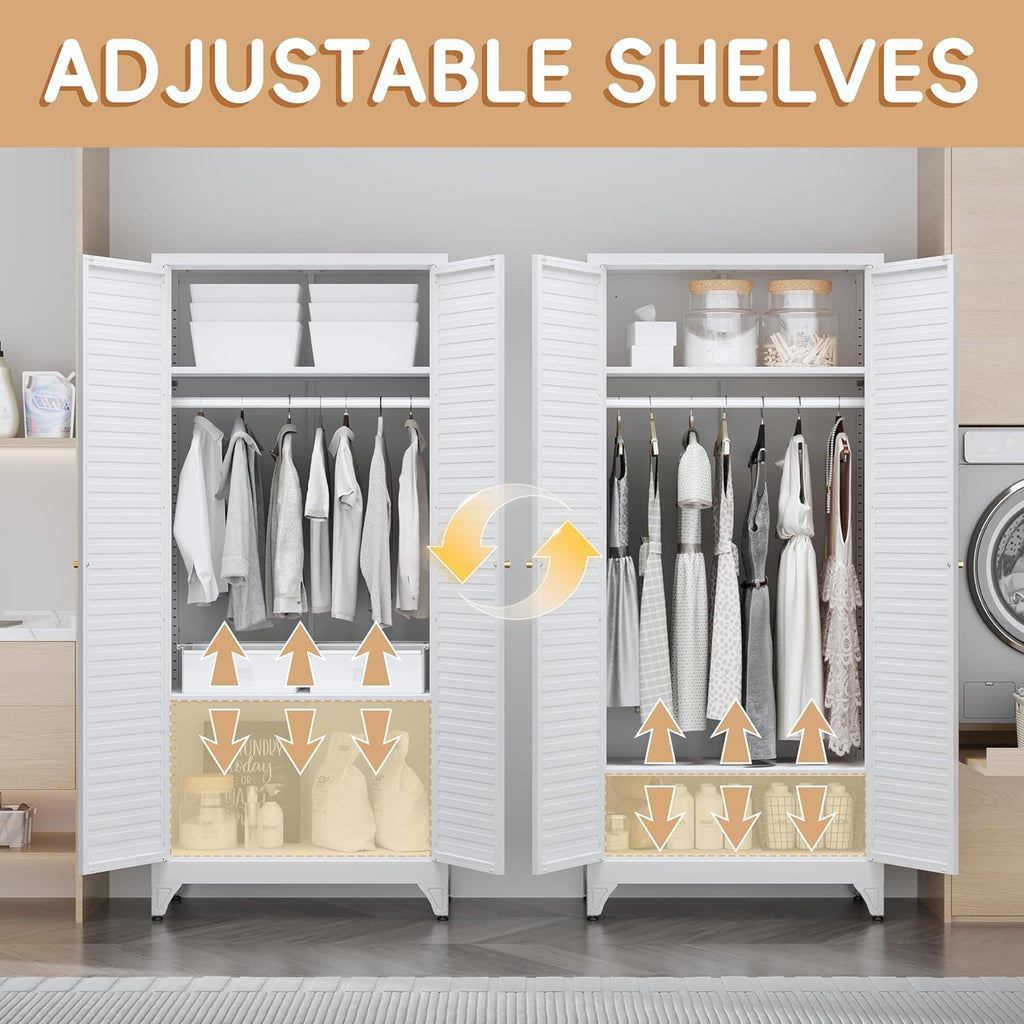 SteeLoong 71" Metal Wardrobe Cabinet with Hanging Rod, Armoire Wardrobe Closet with Doors and Adjustable Shelves, Whiet Clothing Storage Cabinets for Bedroom Office,School,Hospital