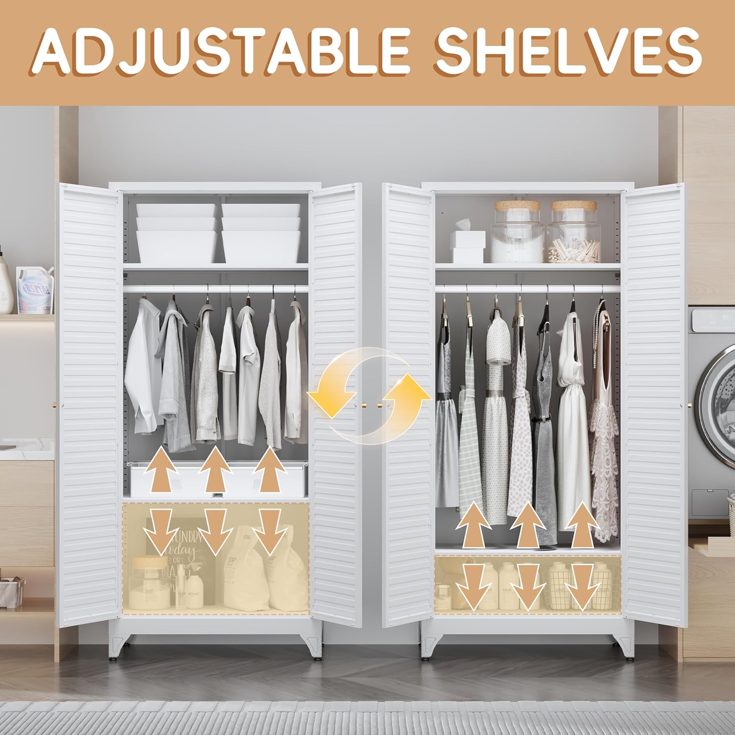 SteeLoong 71" Metal Wardrobe Cabinet with Hanging Rod, Armoire Wardrobe Closet with Doors and Adjustable Shelves, Whiet Clothing Storage Cabinets for Bedroom Office,School,Hospital