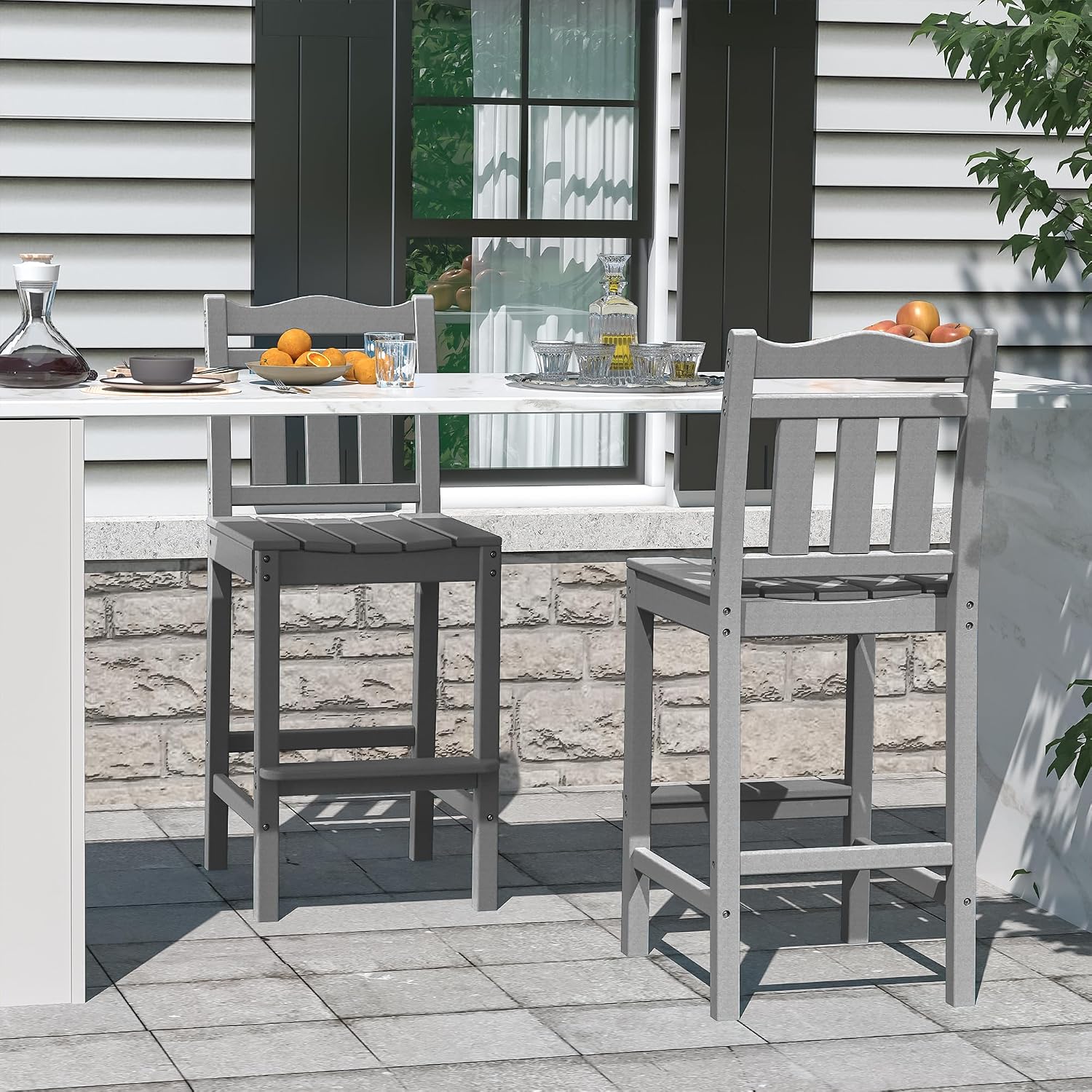 nalone Outdoor Bar Stools Set of 2, HDPE Tall Adirondack Chairs Bar Chairs, Weather Resistance Bar Height Chair for Balcony, Garden, Yard, Backyard (Grey, Bar Chairs Set of 2)