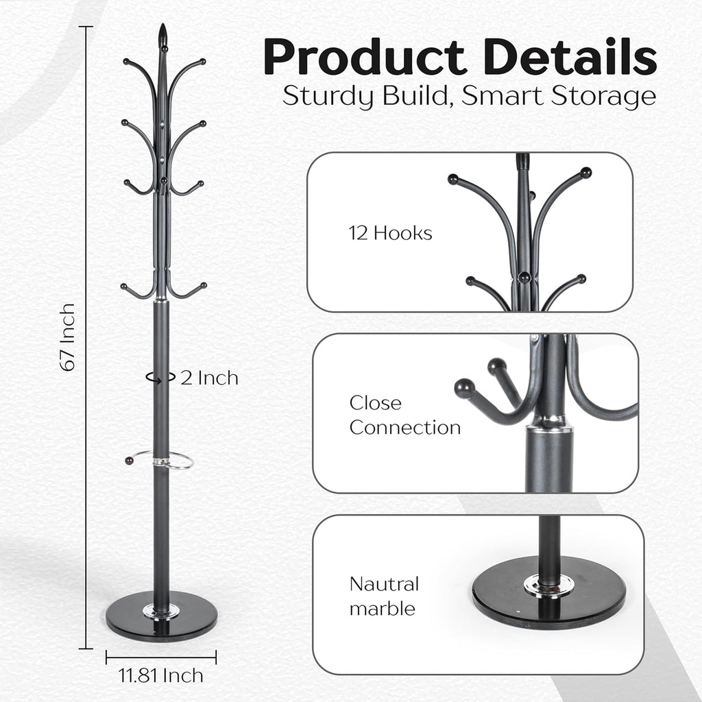 Modern Metal Coat Rack with Sturdy Natural Marble Base for Coat, Jacket, Hat, Cloths, Bags - Freestanding Coat Stand with 12 Hooks & Umbrella Holder for Entryway, Hallway, Corner, Office