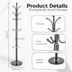 Modern Metal Coat Rack with Sturdy Natural Marble Base for Coat, Jacket, Hat, Cloths, Bags - Freestanding Coat Stand with 12 Hooks & Umbrella Holder for Entryway, Hallway, Corner, Office