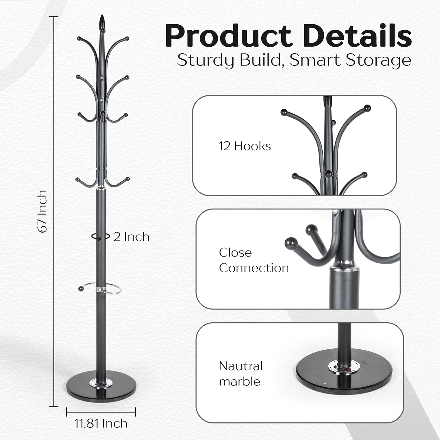 Modern Metal Coat Rack with Sturdy Natural Marble Base for Coat, Jacket, Hat, Cloths, Bags - Freestanding Coat Stand with 12 Hooks & Umbrella Holder for Entryway, Hallway, Corner, Office