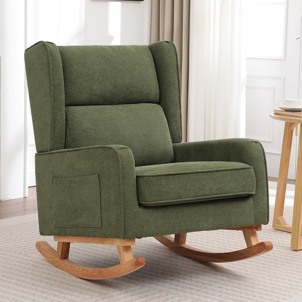 HCHAIRH Nursery Rocking Chairs, Rocking Chair Nursery for Mom Nursery Rocker with High Backrest and Solid Wood Legs, Modern Wingback Accent Rocking Chair for Reading Living Room Bedroom Green