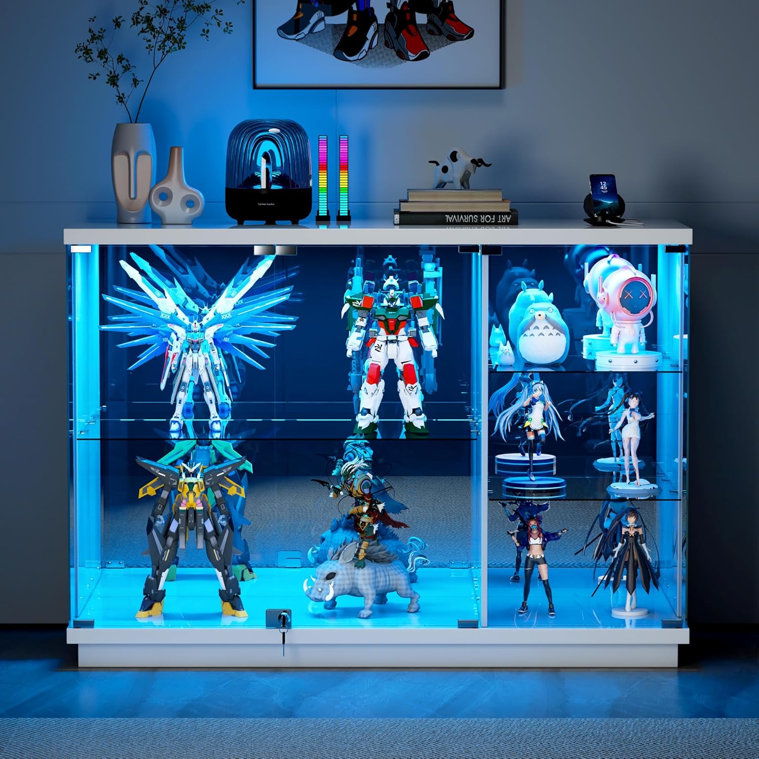 Gurexl 47.2" W Glass Display Cabinet with 3-Color LED Lights, 5-Tier Lockable Curio Cabinet with Human Body Sensor & Charging Station, Display Case for Collectibles, Living Room, Kitchen, White