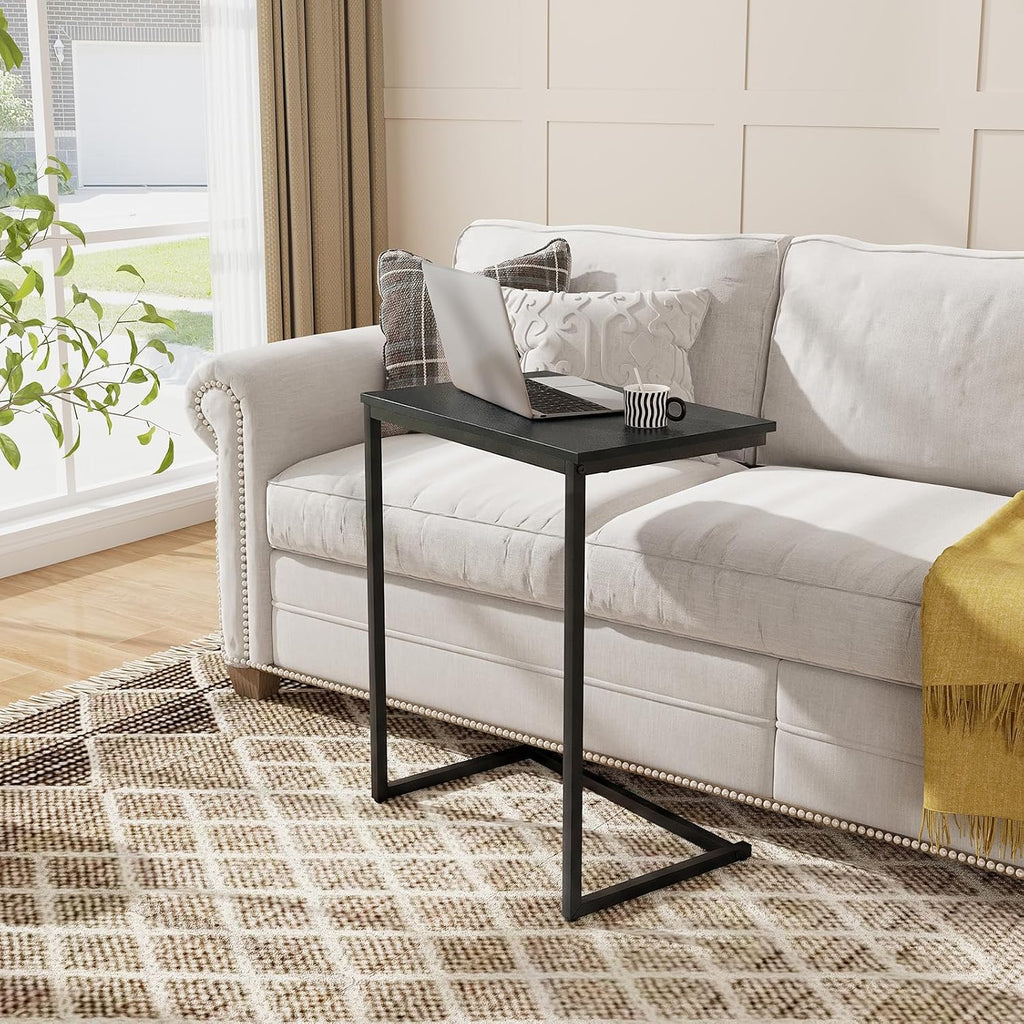 Tangkula C-Shaped End Table, Vintage Accent Couch Table with Heavy-Duty Metal Frame for Coffee/Snacks/Laptop, 26.5" Side Table for Bed, Sofa, Armchair (1, Black)