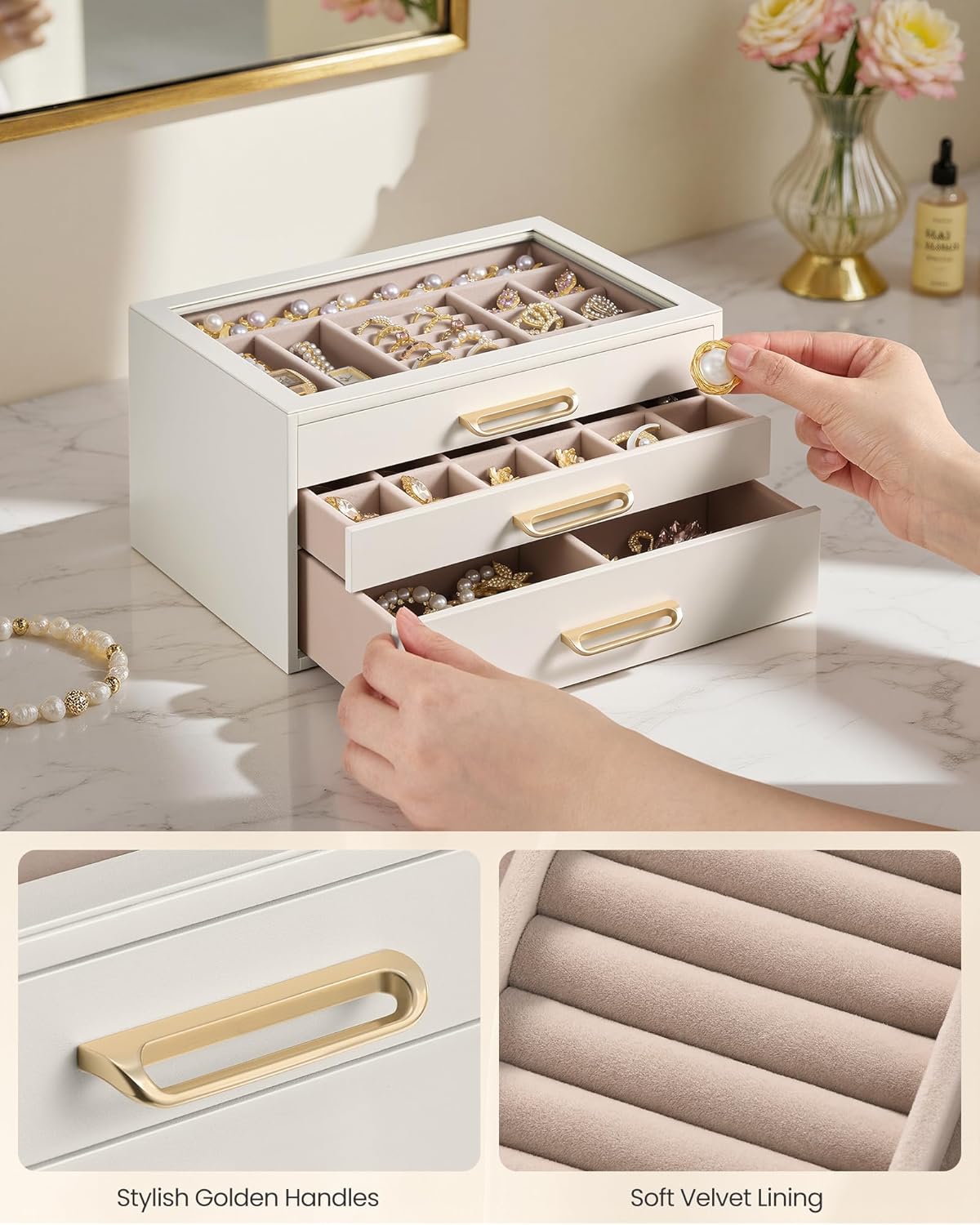 SONGMICS 3-Layer Jewelry Box with Glass Window, Jewelry Storage Organizer with 3 Drawers, Golden Handles, for Rings, Earrings, Bracelets, Gift Idea, Cream White, 6.3 x 9.4 x 4.9 Inches UJBC206WD02S