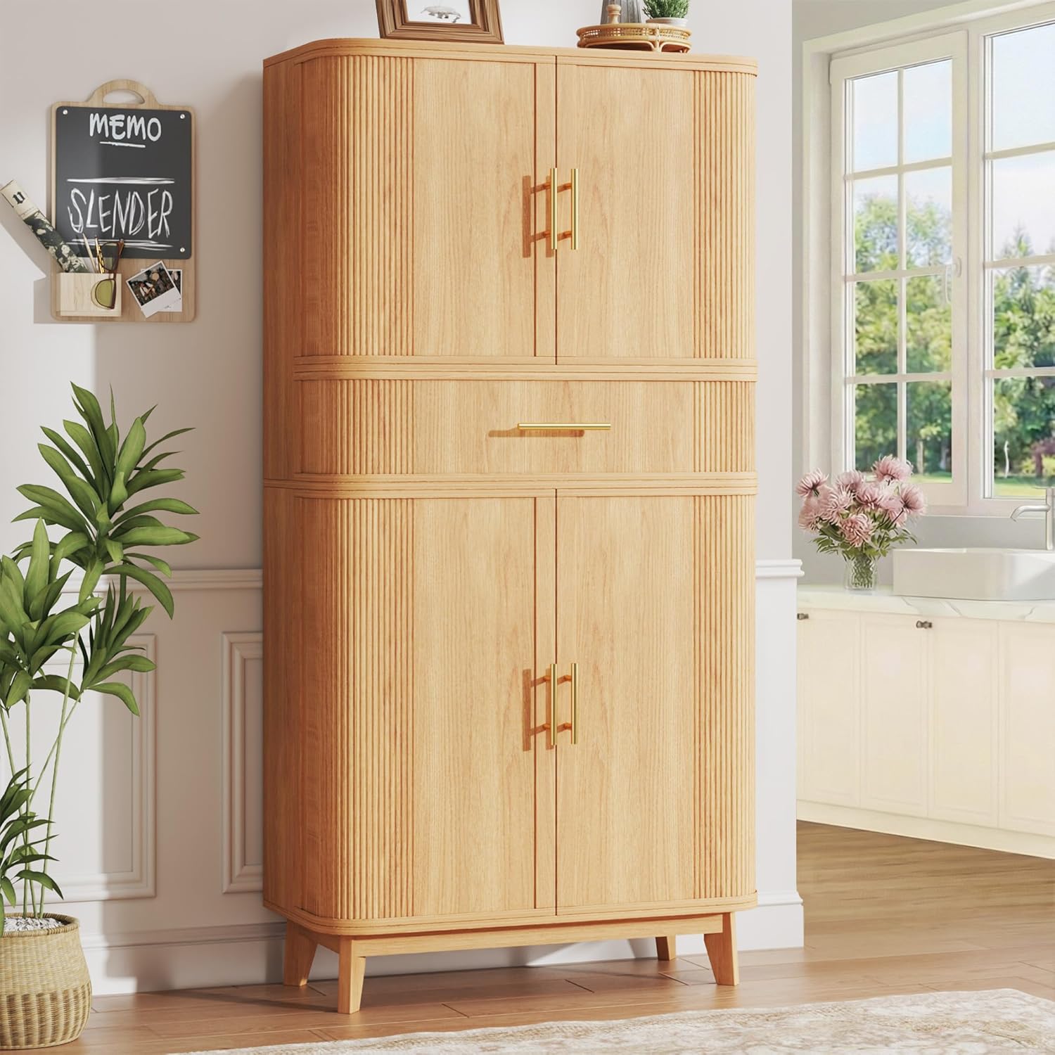 HUAHUU 71" Pantry Cabinet with Drawer, Kitchen Pantry Storage Cabinet with 4 Doors, Modern Curved Storage Cabinets with 10 Large Storage Spaces for Dining Room, Living Room, Oak