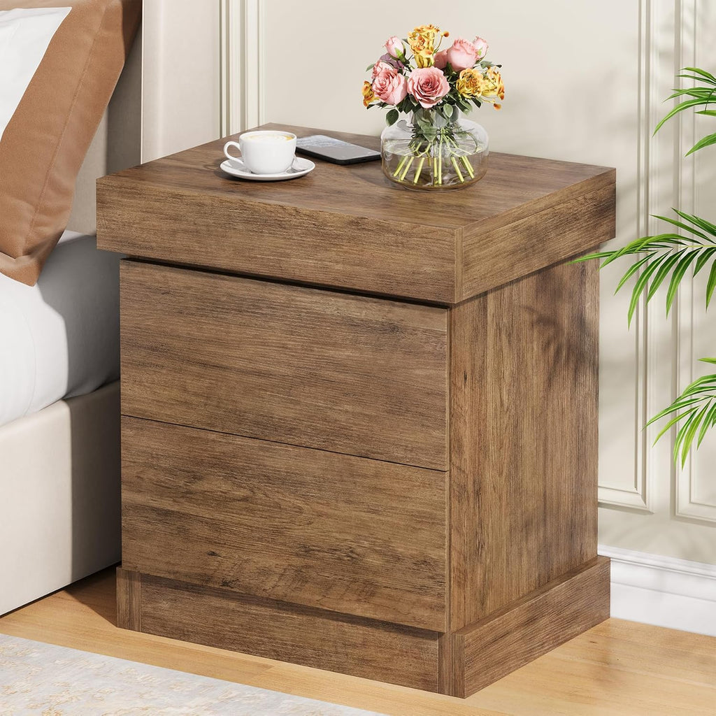 Nightstand with Gun Drawer, Farmhouse Bedside Table with Hidden Storage, Side End Table for Living Room, Bedroom, Little Spaces (Rustic Oak)