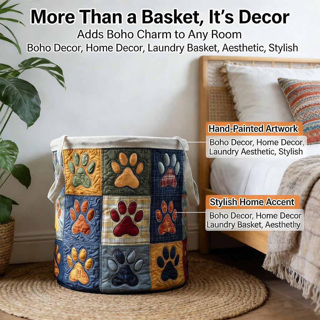 Quilted Laundry Basket with Handles, Collapsible Boho Floral Storage Bin, Large Soft Quilted Basket, Portable Organizer for Clothes, Toys, Blankets, Nursery, Bedroom, Laundry Room (Sheep, L)