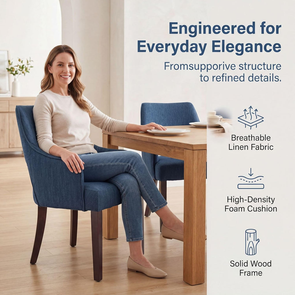 Blue Dining Chairs with Arms Set of 2, Farmhouse Upholstered Linen Dining Chairs, Curved Open Back Kitchen & Dining Room Chairs with Solid Wood Legs and Thick Cushion Seat, Blue