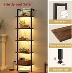 5-Tier Ladder Shelf with LED Light, Wall Mounted Bookshelf with Metal Frame, Rustic Brown — for Living Room, Bedroom or Office