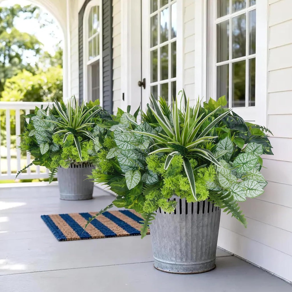 18 Bundles Artificial Greenery for Outdoors, Artificial Outdoor Plants UV Resistant Fake Spider Fern Coleus Plant Faux Bushes Leaves for Outside Window Box Patio Garden Front Porch Yard Summer Decor