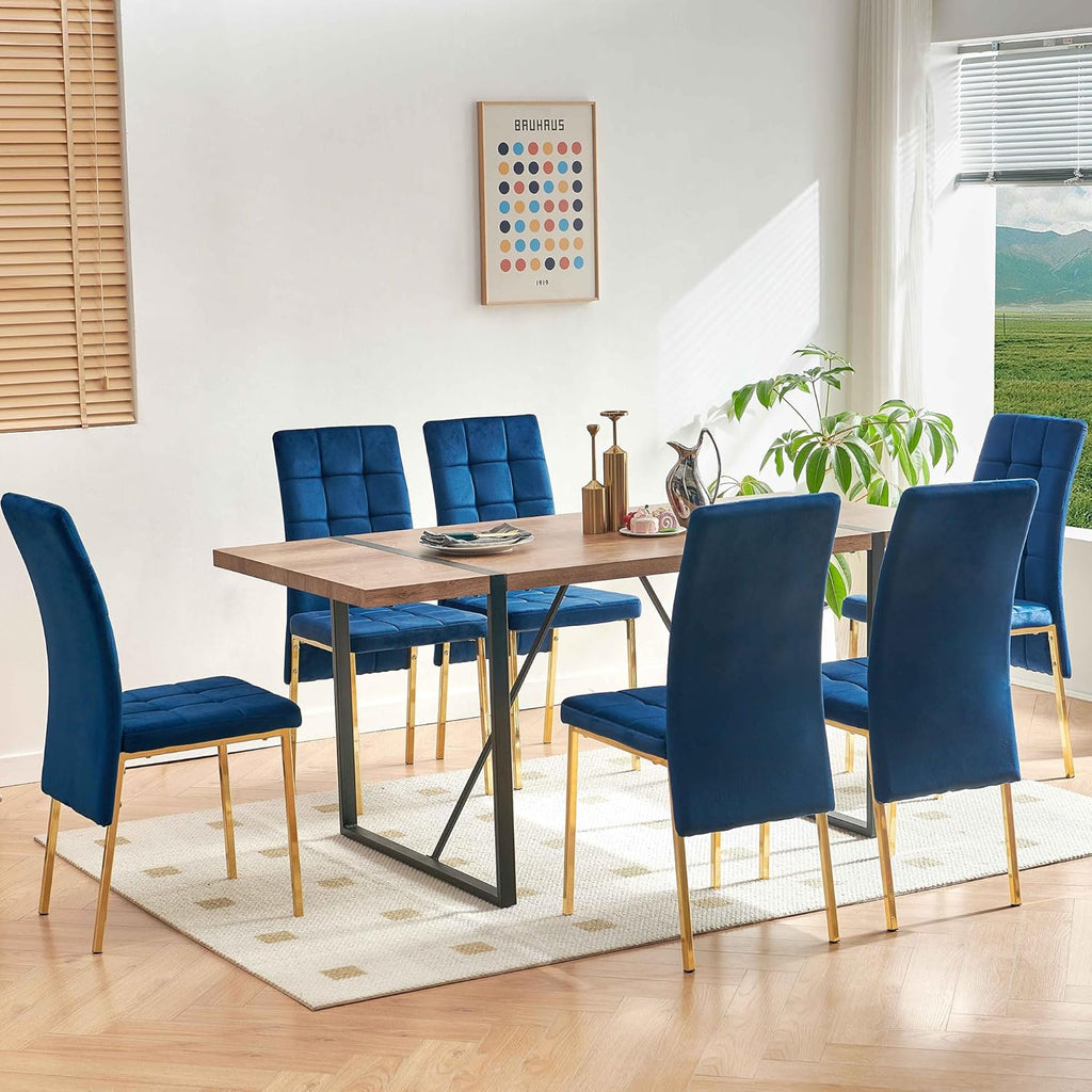 NORDICANA Upholstered Velvet Dining Chairs for 6, Classic High Back Kitchen Chairs Set of 6, Tufted Side Chairs, Golden Color Metal Legs, Navy Blue