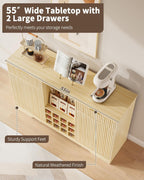 55" Fluted Wine Bar Cabinet - Coffee Bar Cabinets for Home with Storage, 2 Door & 2 Drawer Buffet Sideboard with Liquor Rack and Glass Holder, Alcohol Indoor Bars for Living Room, Kitchen