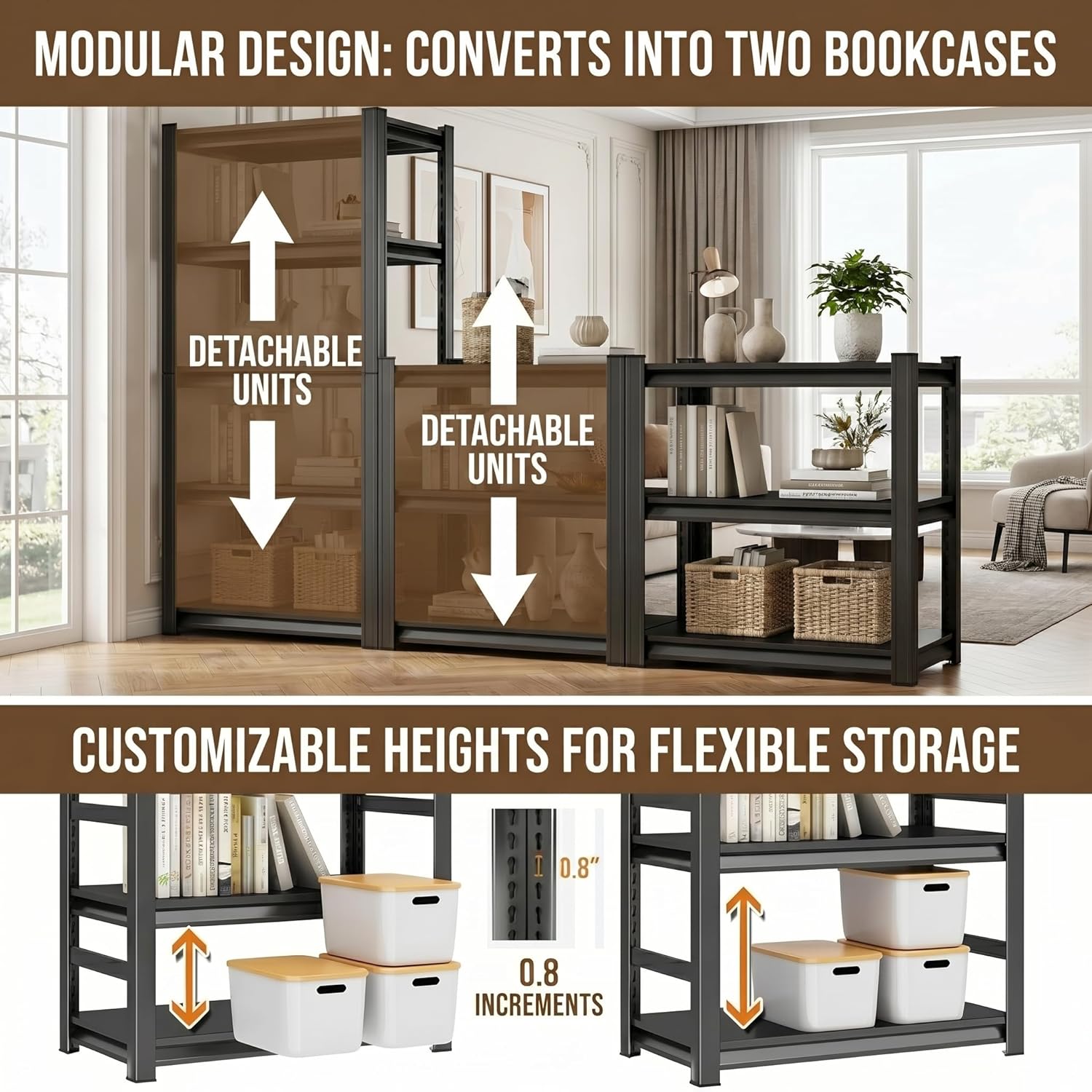 5 Tier Metal Bookshelf with Anti-Drop Fence, 72" H Adjustable Tall Bookcase, Heavy Duty 3000 LBS Modern Deep Book Shelf, Bolt-Free Storage Shelves for Living Room, Home Office, Garage
