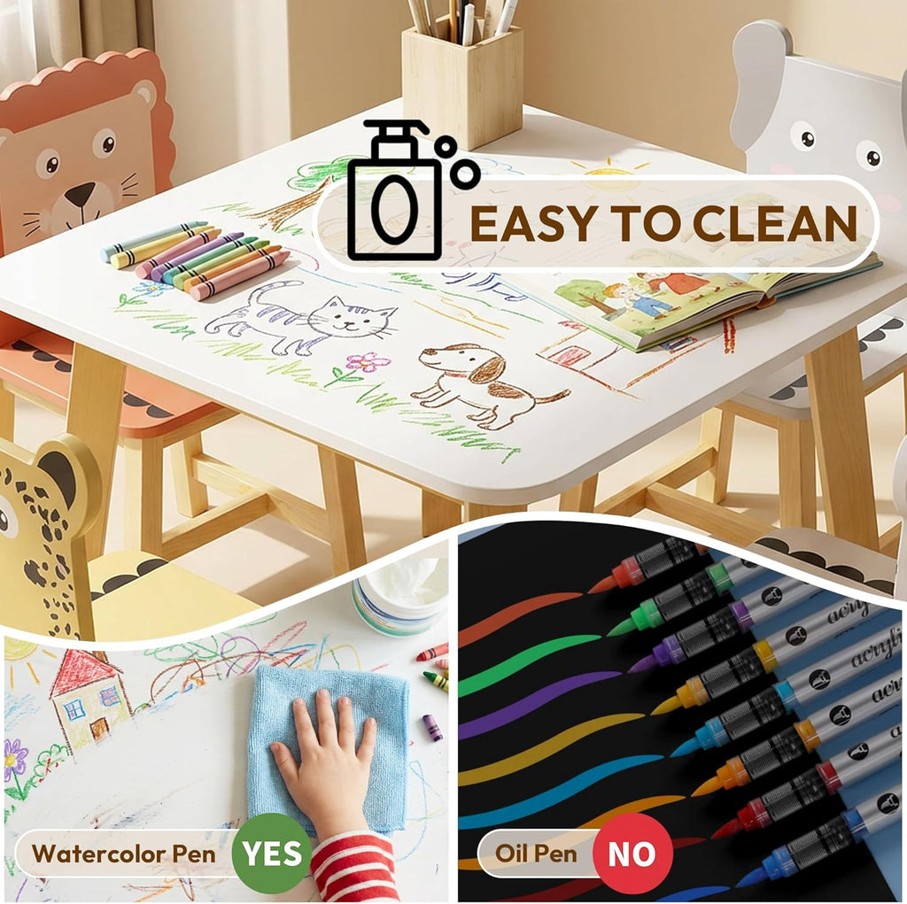 Kids Table and 4 Chairs, Wooden Stable Table and Chair Set (Elephant&Leopard&Lion&Zebra), Ideal for Arts & Crafts, Snack Time, Homeschooling, Homework & More