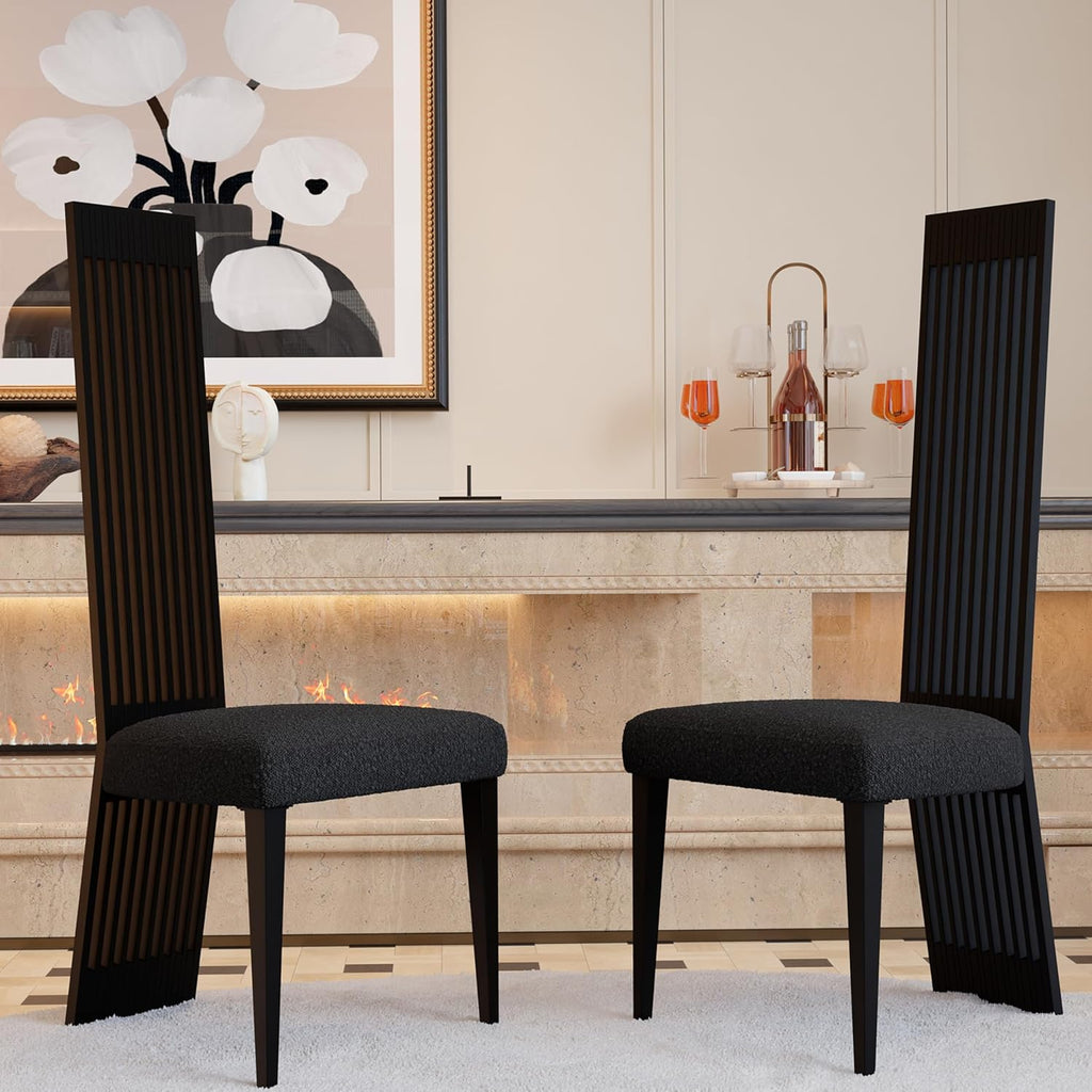 Black Dining Chair Set of 2, Modern Boucle High Back Upholstered Kitchen Chairs with Black Metal Legs for Dining Room Kitchen Living Room