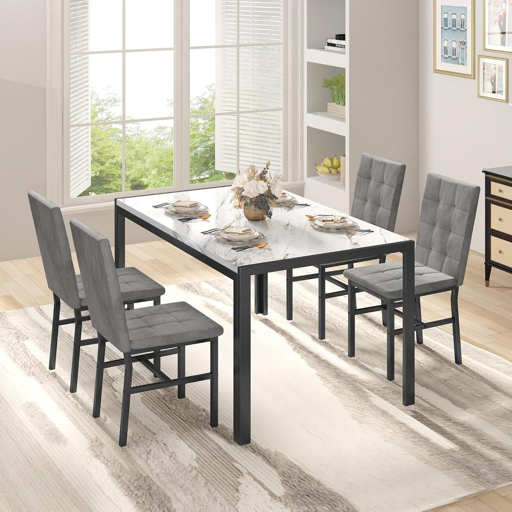 DKLGG 5-Piece Dining Table Set for 4, Faux Marble Kitchen Table Chairs Set of 4 with Upholstered Chairs, Modern Dining Room Table Set for Small Spaces (White+Tufted Grey)