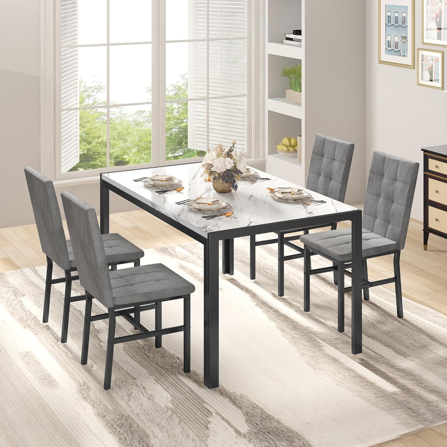 DKLGG 5-Piece Dining Table Set for 4, Faux Marble Kitchen Table Chairs Set of 4 with Upholstered Chairs, Modern Dining Room Table Set for Small Spaces (White+Tufted Grey)