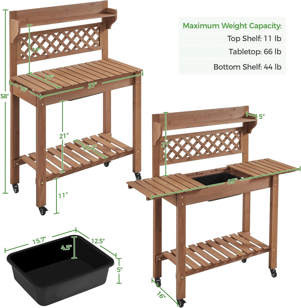 Yaheetech Potting Bench Table Outdoor Garden Horticulture Wooden Workstation Benches w/Sliding Tabletop/Removable Sink/Storage Shelf,Brown