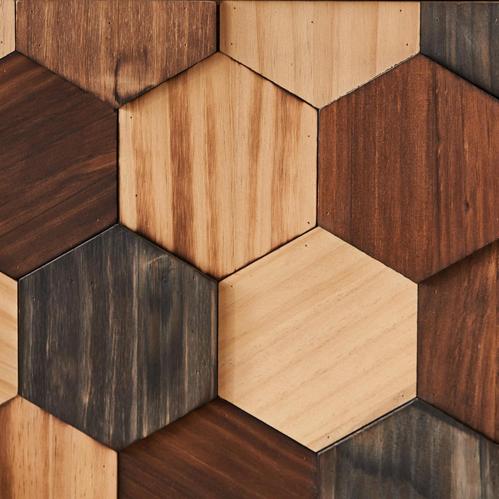 60" Geometric Sideboard Buffet Modern Farmhouse Credenza Storage Cabinet with 4 Hexagonal Honeycomb Parquet Doors for Kitchen Living Room Entryway Black & Multi Wood Tone