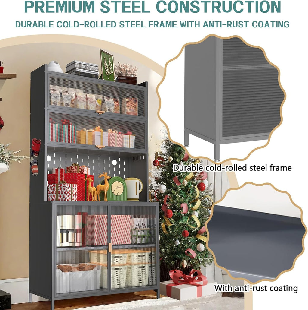 Anwick 73'' Tall Kitchen Pantry Storage Cabinet, Modern Buffet Cabinet with Hutch, BuffetCabinet with Microwave Stand, Kitchen Hutch for Living Room, Dining Room (Grey)