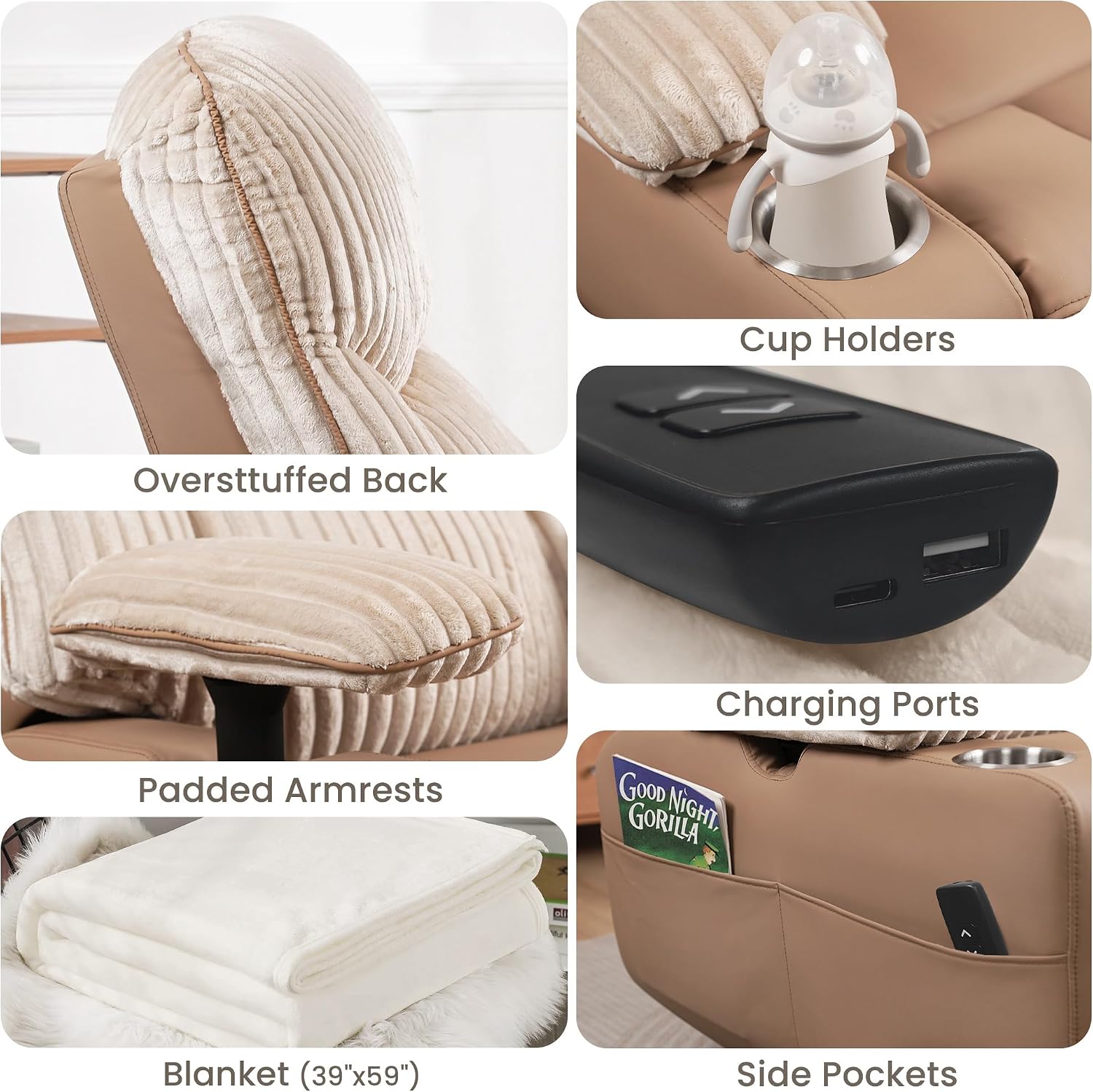 GRAINELL Rocking Chair Nursery, Electric Swivel Recliner Glider with Adjustable Armrests, Nursing Chair with USB Charger, Cup & Blanket Holders, Brown Corduroy & PU Leather