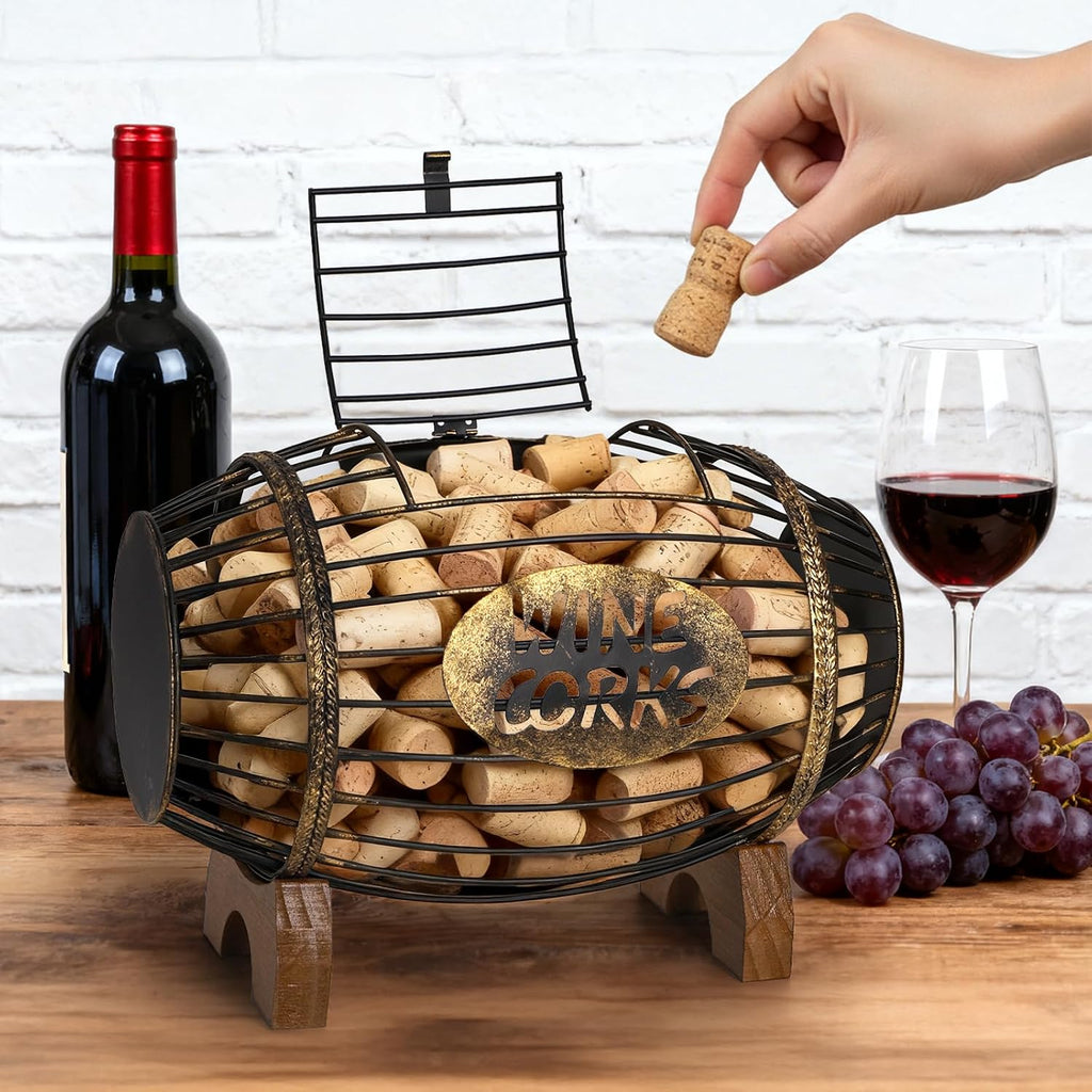 ZOOFOX Wine Cork Holder with Wood Stand, Rustic Metal Cork Container for Display and Storage, Decorative Vino Cork Barrel for Kitchen, Great Gift Idea for Wine Lover, No Assembly Required