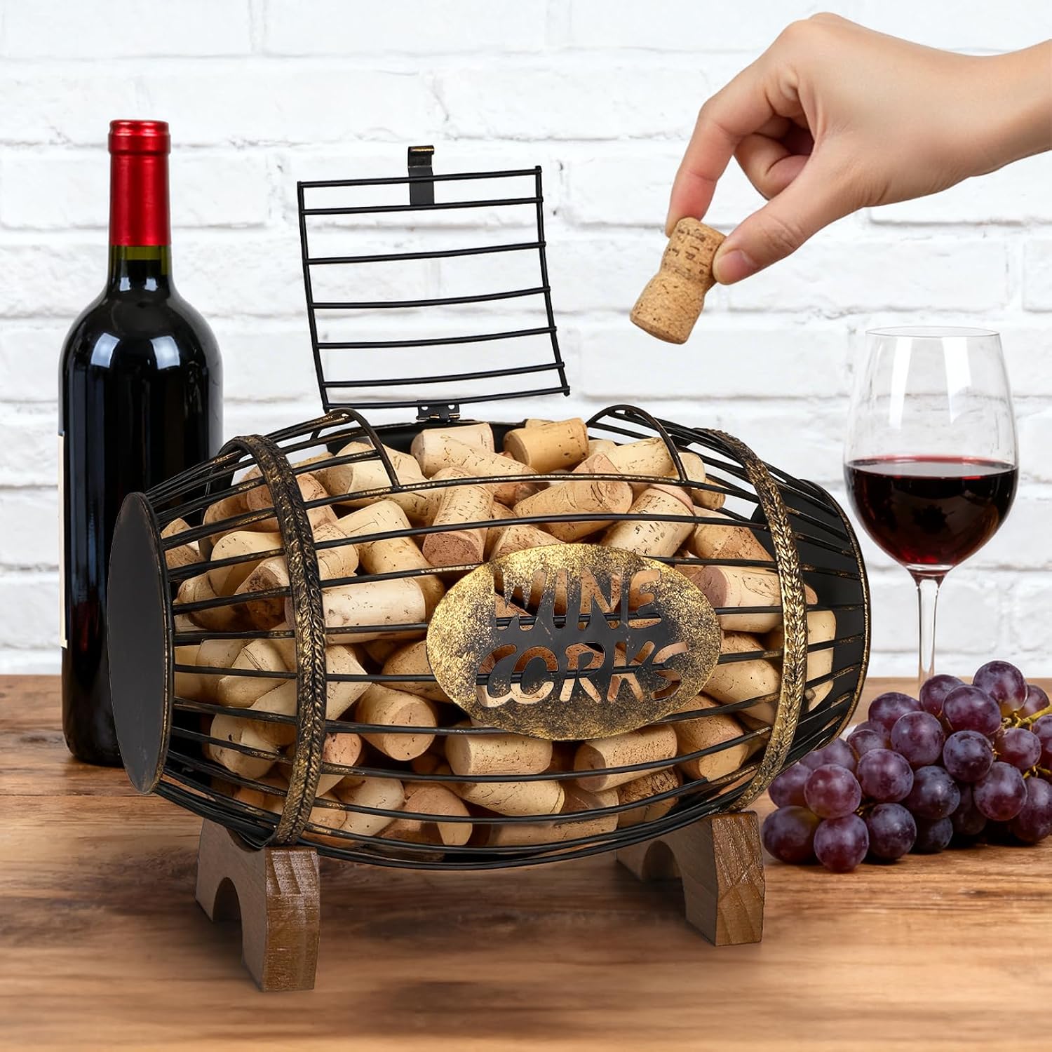 ZOOFOX Wine Cork Holder with Wood Stand, Rustic Metal Cork Container for Display and Storage, Decorative Vino Cork Barrel for Kitchen, Great Gift Idea for Wine Lover, No Assembly Required
