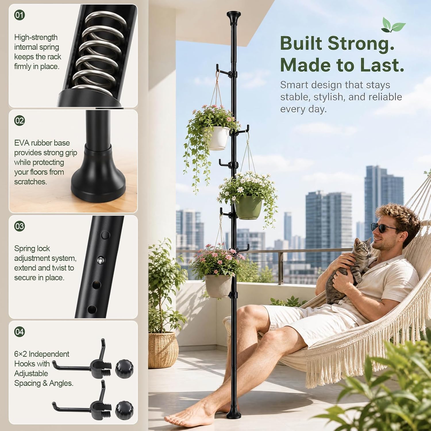 Coat Rack Freestanding, 56 to 125 inch Adjustable Tension Rod Hanger with 12 Hooks for Hanging Coat, Plant,Jacket, Hat, Scarf, Suitable for Living Room, Balcony, Kitchen Black