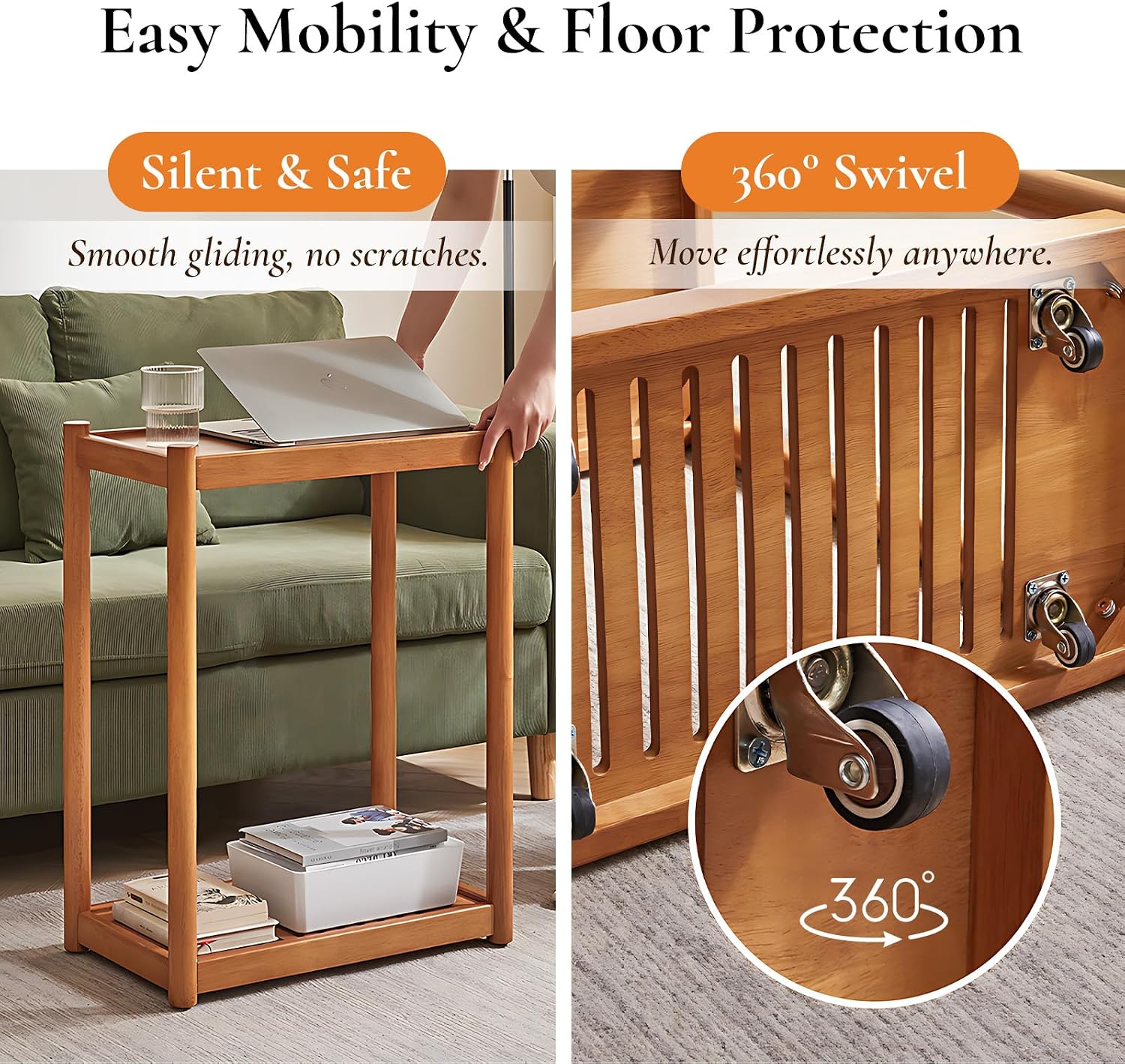 Side Table, Solid Wood Narrow End Table with Storage Shelf and Wheels, 2-Tier Sofa Table for Living Room, Rubber Wood Indoor Plant Stand, 26.8 H x 11.8 W x 19.7 D Inches (Natural)
