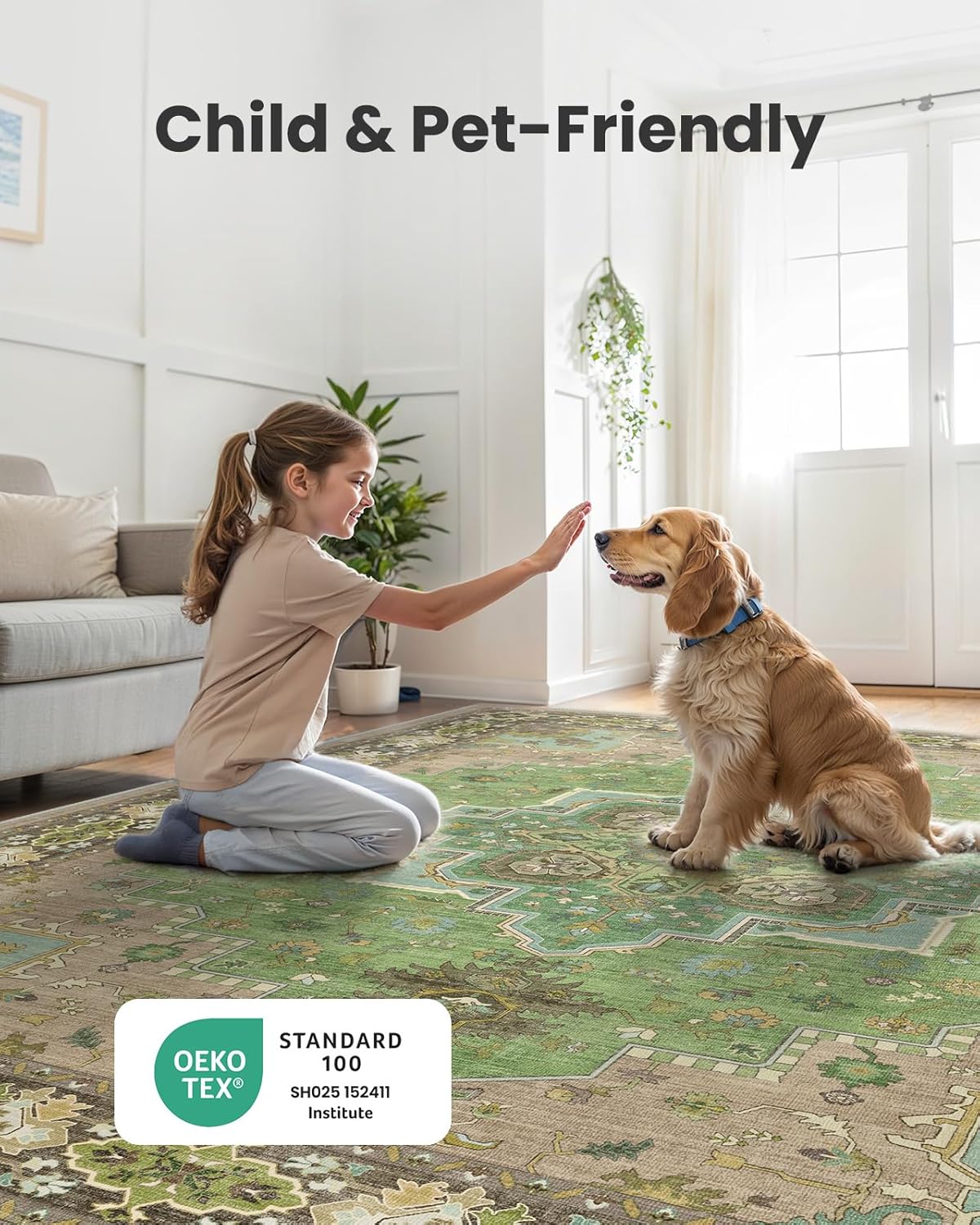 AMADA HOMEFURNISHING 8x10 Area Rug for Living Room, Vintage Washable Area Rug Low-Pile & Non-Slip Carpet for Bedroom Dining Room Nursery Home Office, Green