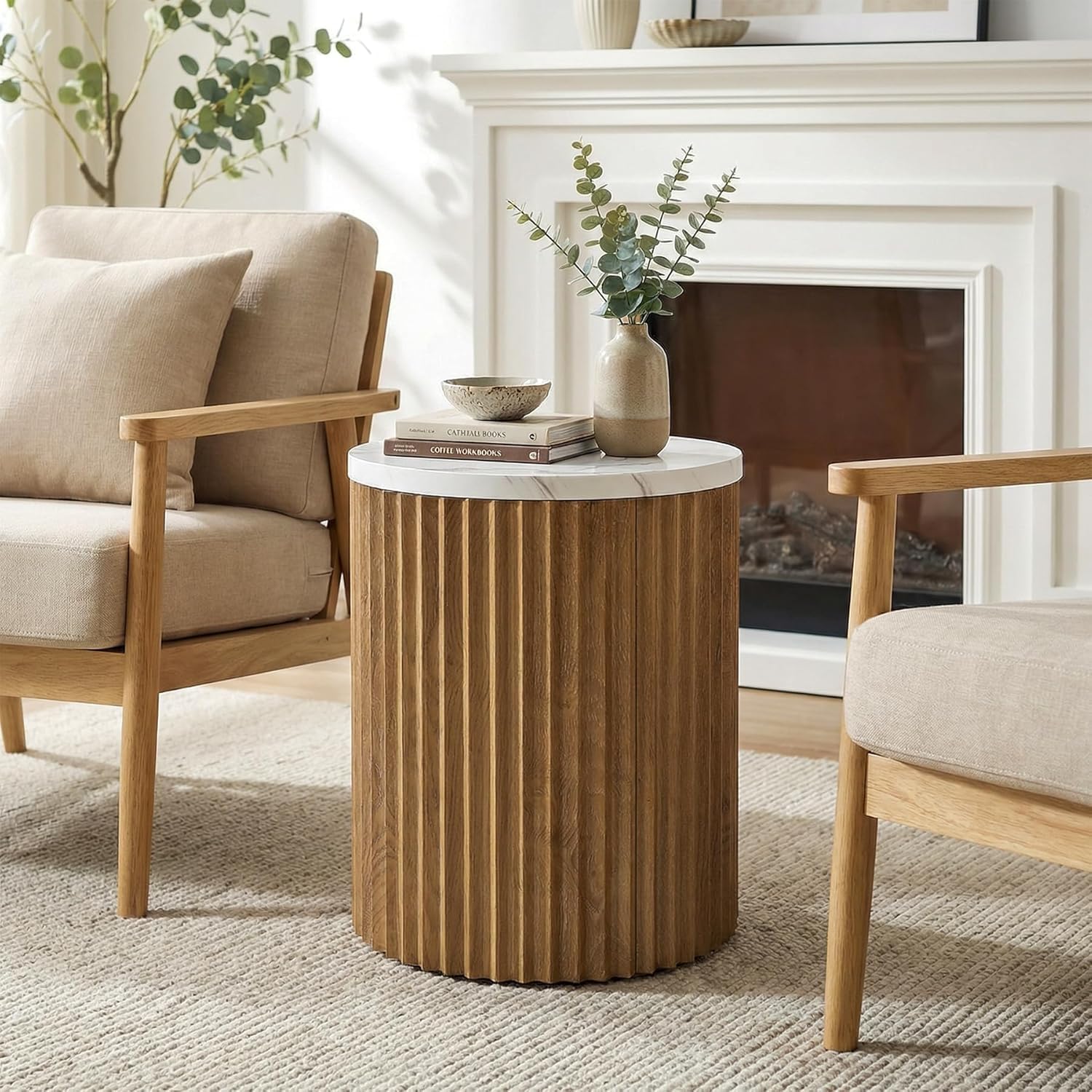 23.6-inch Round Side Table with Faux Marble Top, Drum Shape & Fluted Base - Stylish Small Nightstand for Living Room & Bedroom Decor Brown & White