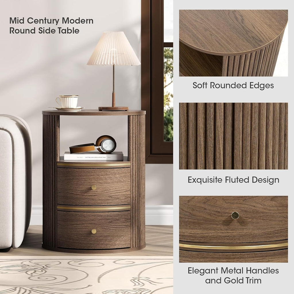 JOINICE Round End Tables Living Room, Fluted End Table with 2 Drawers and Open Shelf, 24" Tall Sofa Side Table with Storage, Nightstand for Bedroom, Living Room, Walnut