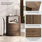 JOINICE Round End Tables Living Room, Fluted End Table with 2 Drawers and Open Shelf, 24" Tall Sofa Side Table with Storage, Nightstand for Bedroom, Living Room, Walnut