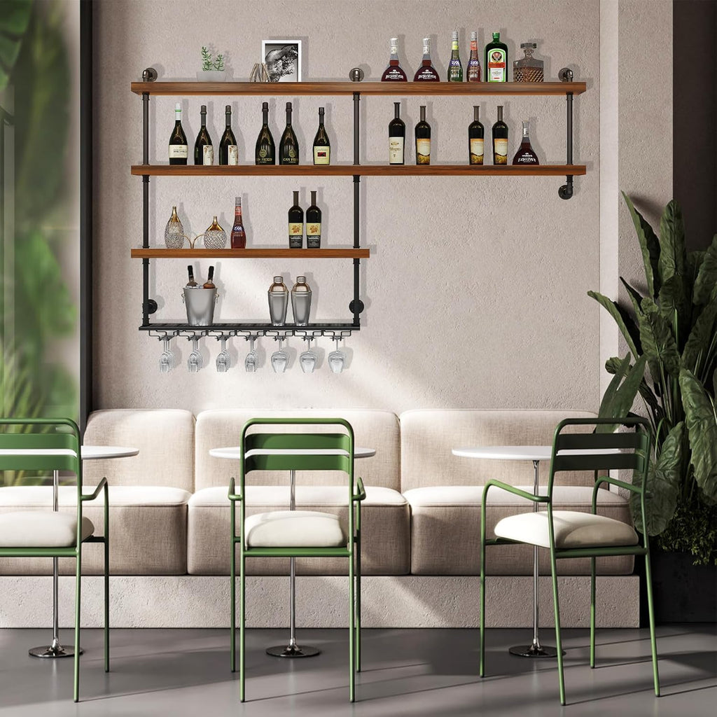 70.9in Large Wine Rack with LED Light, 4 Tiers Solid Wood Wall Mounted Wine Rack, Industrial Liquor Bottles Floating Shelves with Glass Holder for Home Bar/Dining Room (70.9in/180cm)