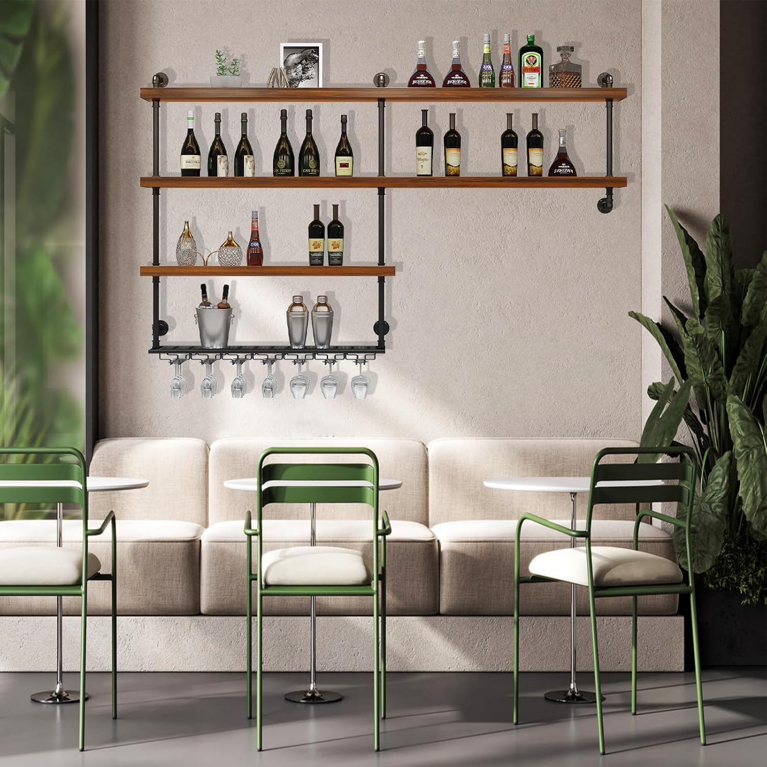 70.9in Large Wine Rack with LED Light, 4 Tiers Solid Wood Wall Mounted Wine Rack, Industrial Liquor Bottles Floating Shelves with Glass Holder for Home Bar/Dining Room (70.9in/180cm)