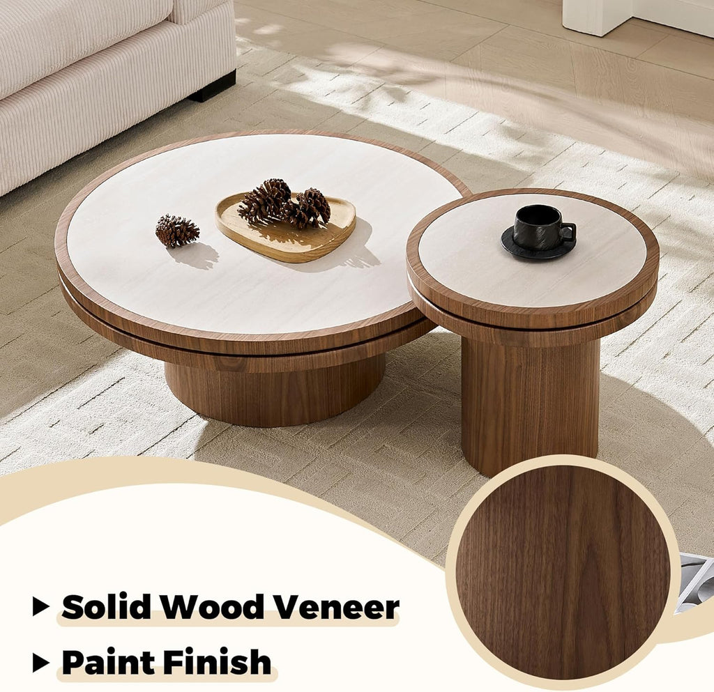 LKTART 19.49 Inch Round End Table with Sintered Stone Top, Mid-Century Modern Wood Table with MDF Pedestal, Small End Tables for Living Room Bedroom Apartment, Easy Assembly, Natural