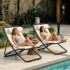 Outdoor Folding Lounge Chair Set of 2, Rattan Outdoor Patio Sling Chairs with Adjustable Backrest, Thick Cushioned & Detachable Headrest, Portable Beach Sling Chair for Poolside Backyard (Black)