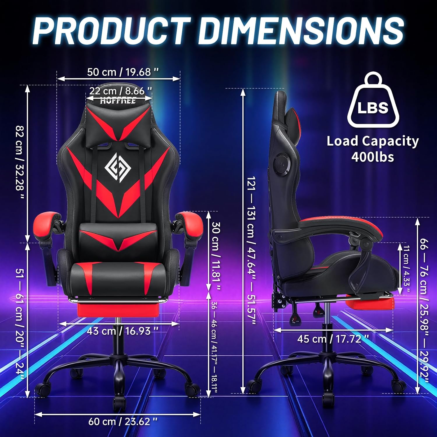 HOFFREE Gaming Chair Massage with Bluetooth Speakers and Led Lights Ergonomic Computer Gaming Chair with Footrest RGB Video Game Chair with High Back Lumbar Support Red and Black