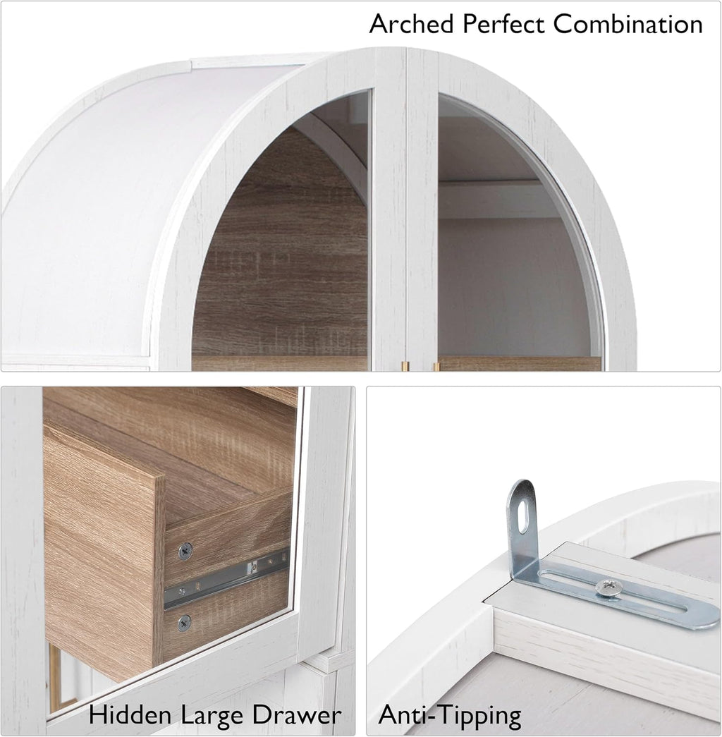 roomfitters 71" Pantry Cabinet with Arched Top & Glass Doors, 4-Door Storage Hutch with Adjustable Shelves for Kitchen, White